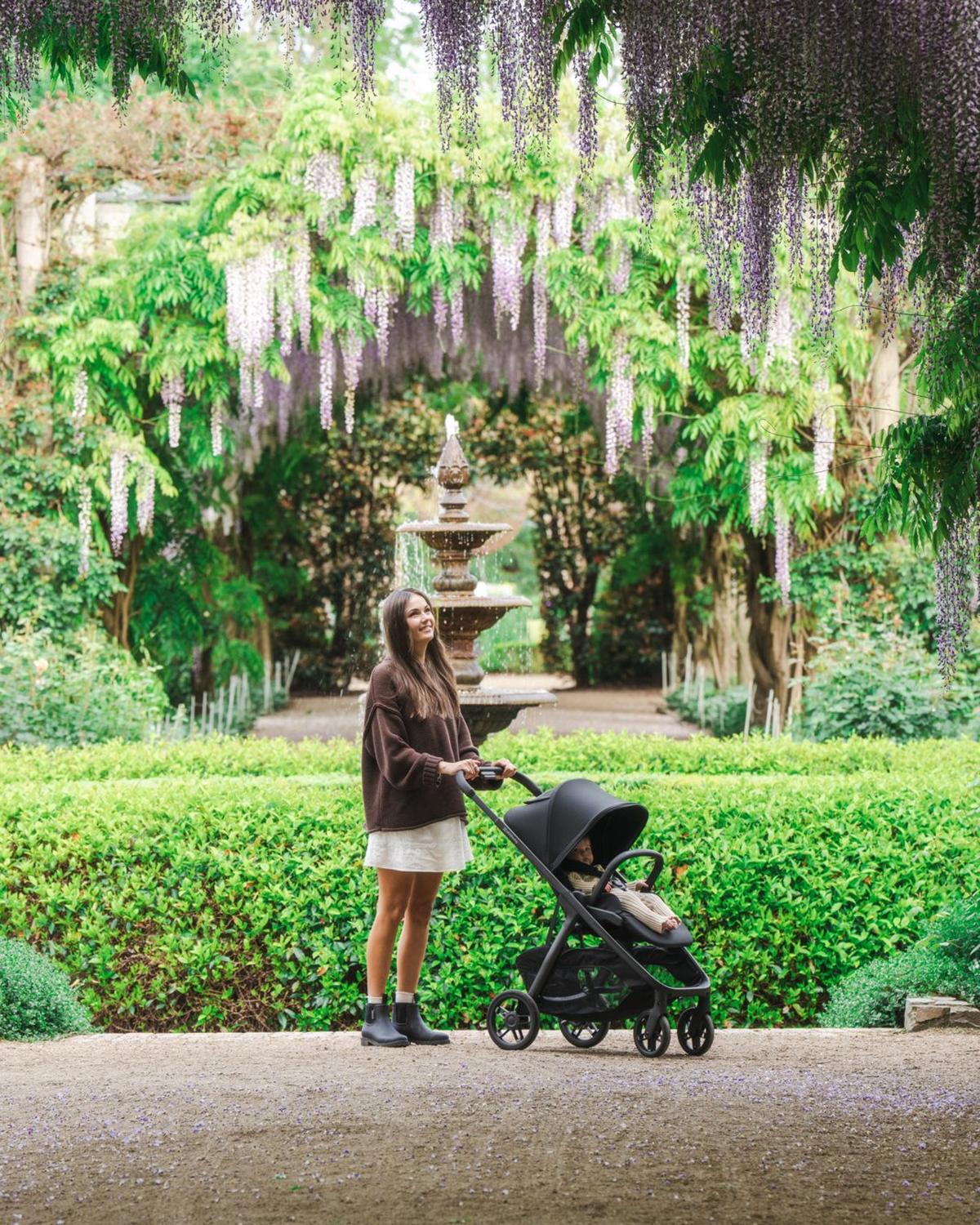 A parent with Kona under a wisteria arch